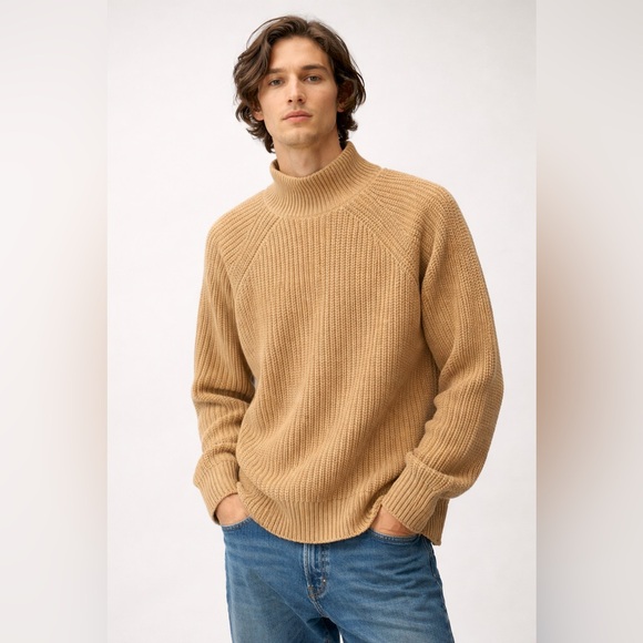 J.Crew Chunky Knit Mock Neck Sweater Tan Ribbed 100% Cotton—XL (Unisex) - Picture 2 of 9